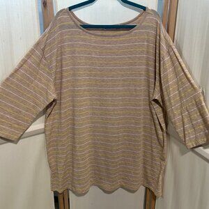 ISAAC MIZRAHI LIVE Sz 3X Tan with White and Yellow Stripes 3/4 Sleeve Tunic Top
